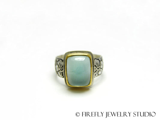 Aquamarine Ring in 24k Yellow Gold and Sterling. Size 8 - Firefly Jewelry Studio