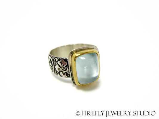 Aquamarine Ring in 24k Yellow Gold and Sterling. Size 8 - Firefly Jewelry Studio