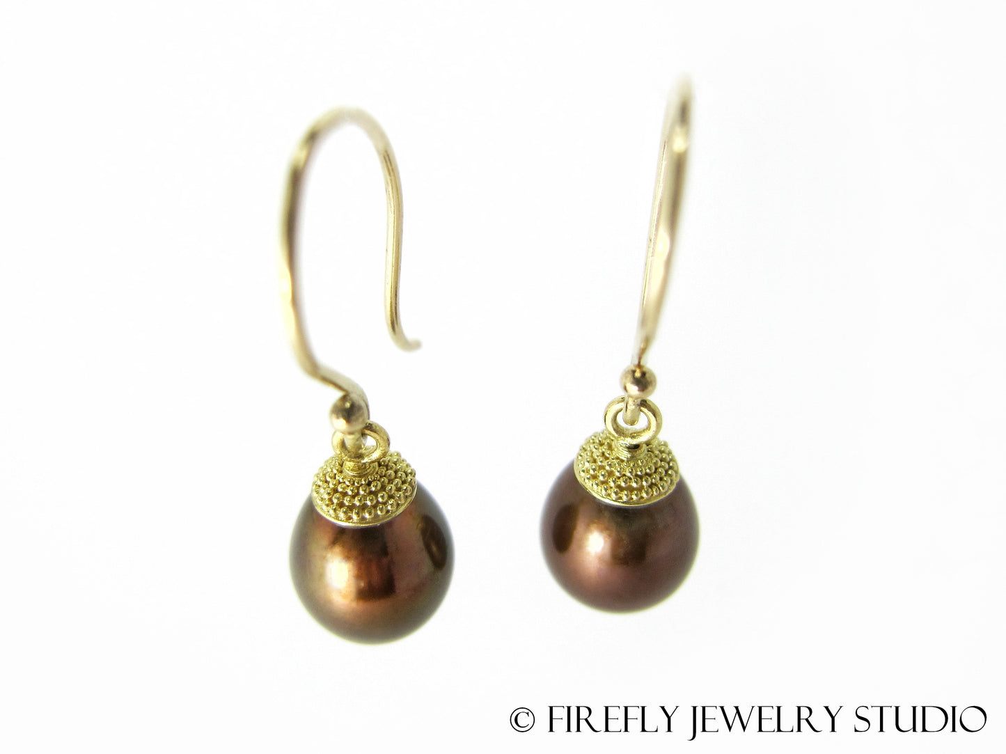 Chocolate Pearl Acorn Earrings in Granulated 18k Yellow Gold - Firefly Jewelry Studio