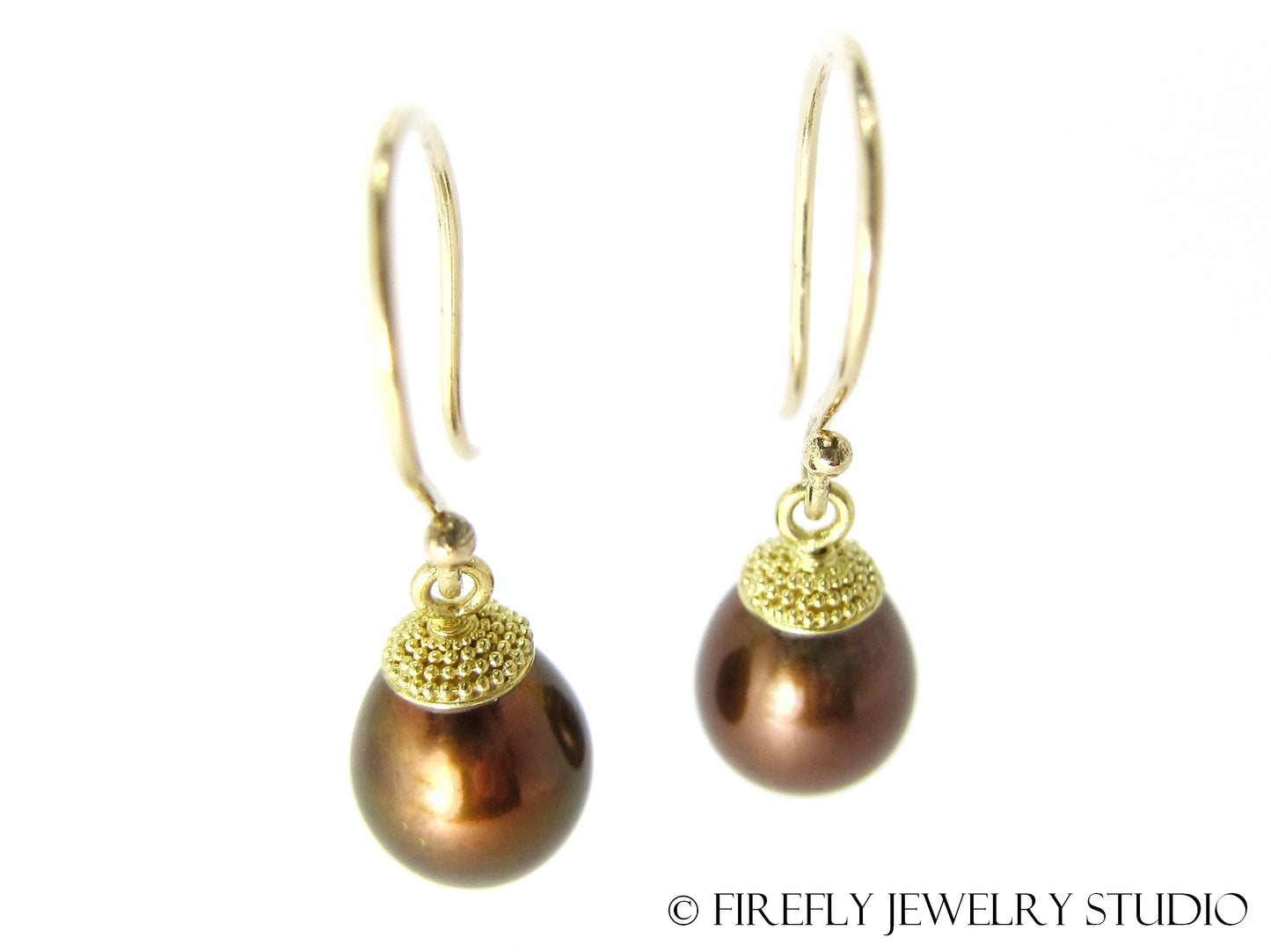 Chocolate Pearl Acorn Earrings in Granulated 18k Yellow Gold - Firefly Jewelry Studio