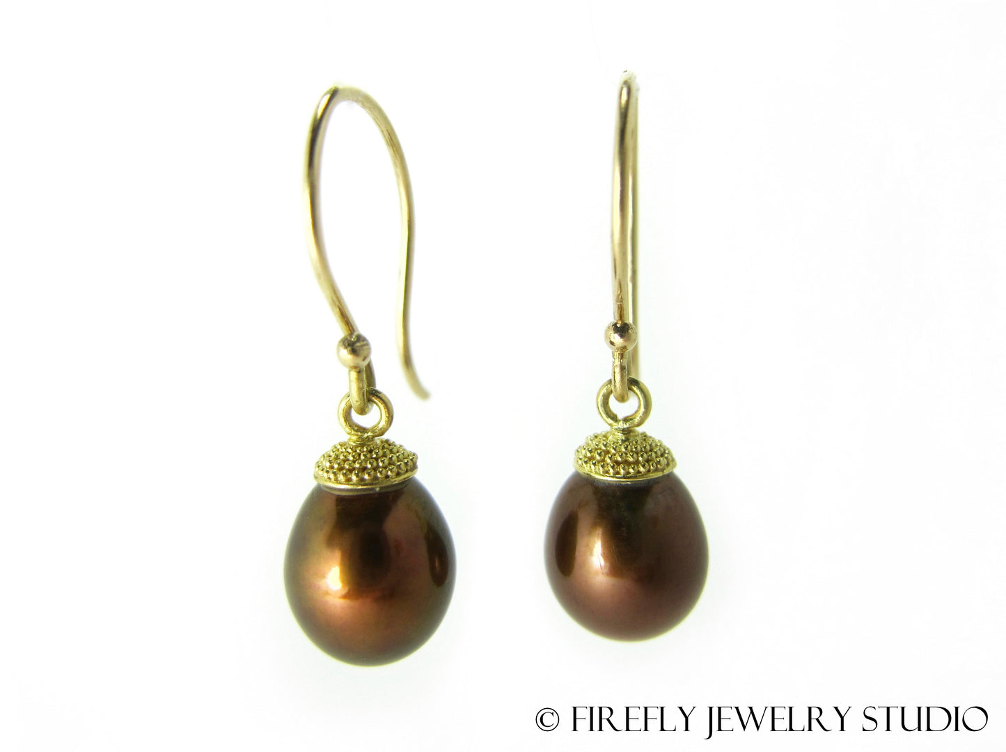 Chocolate Pearl Acorn Earrings in Granulated 18k Yellow Gold - Firefly Jewelry Studio