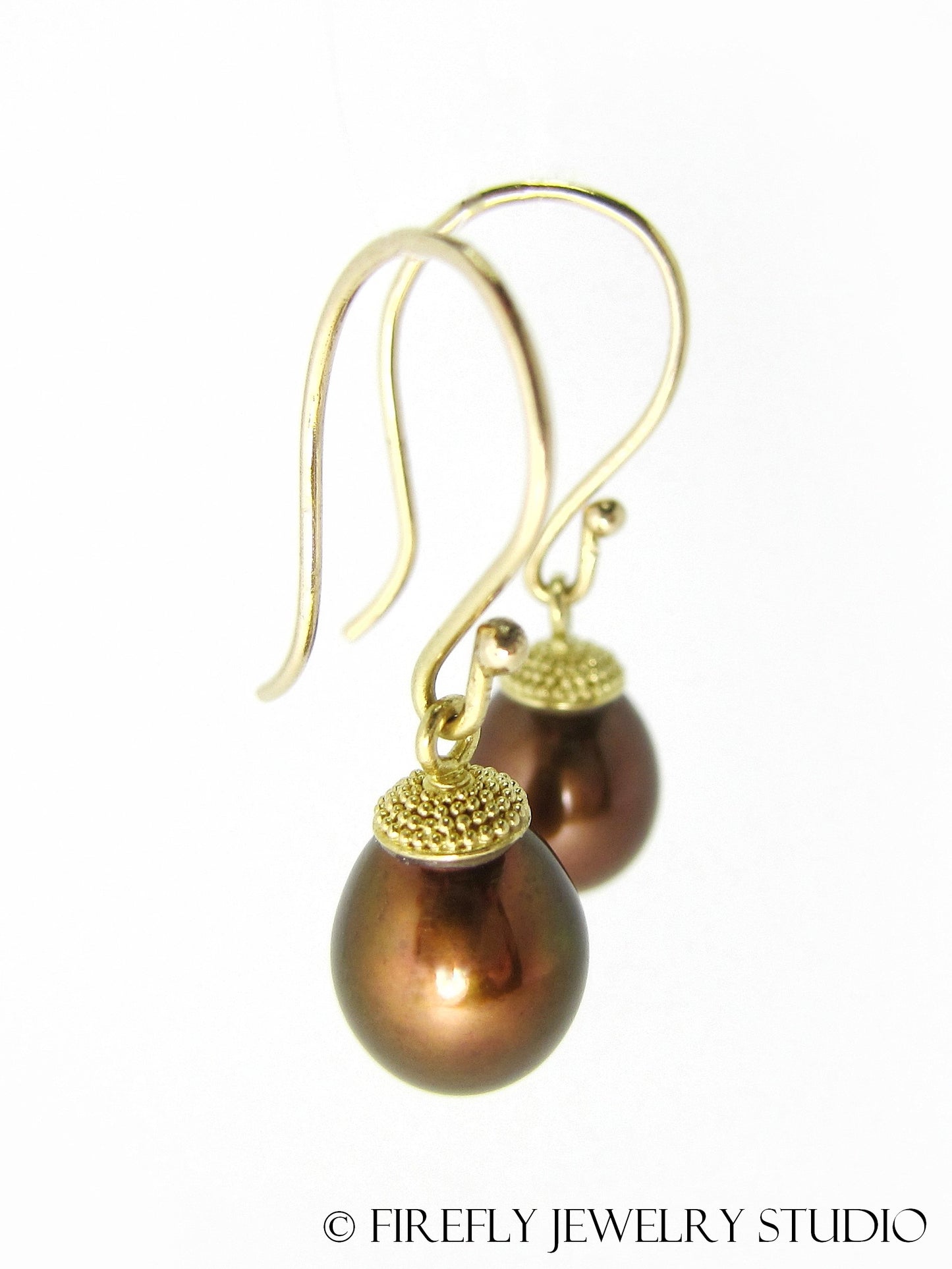 Chocolate Pearl Acorn Earrings in Granulated 18k Yellow Gold - Firefly Jewelry Studio