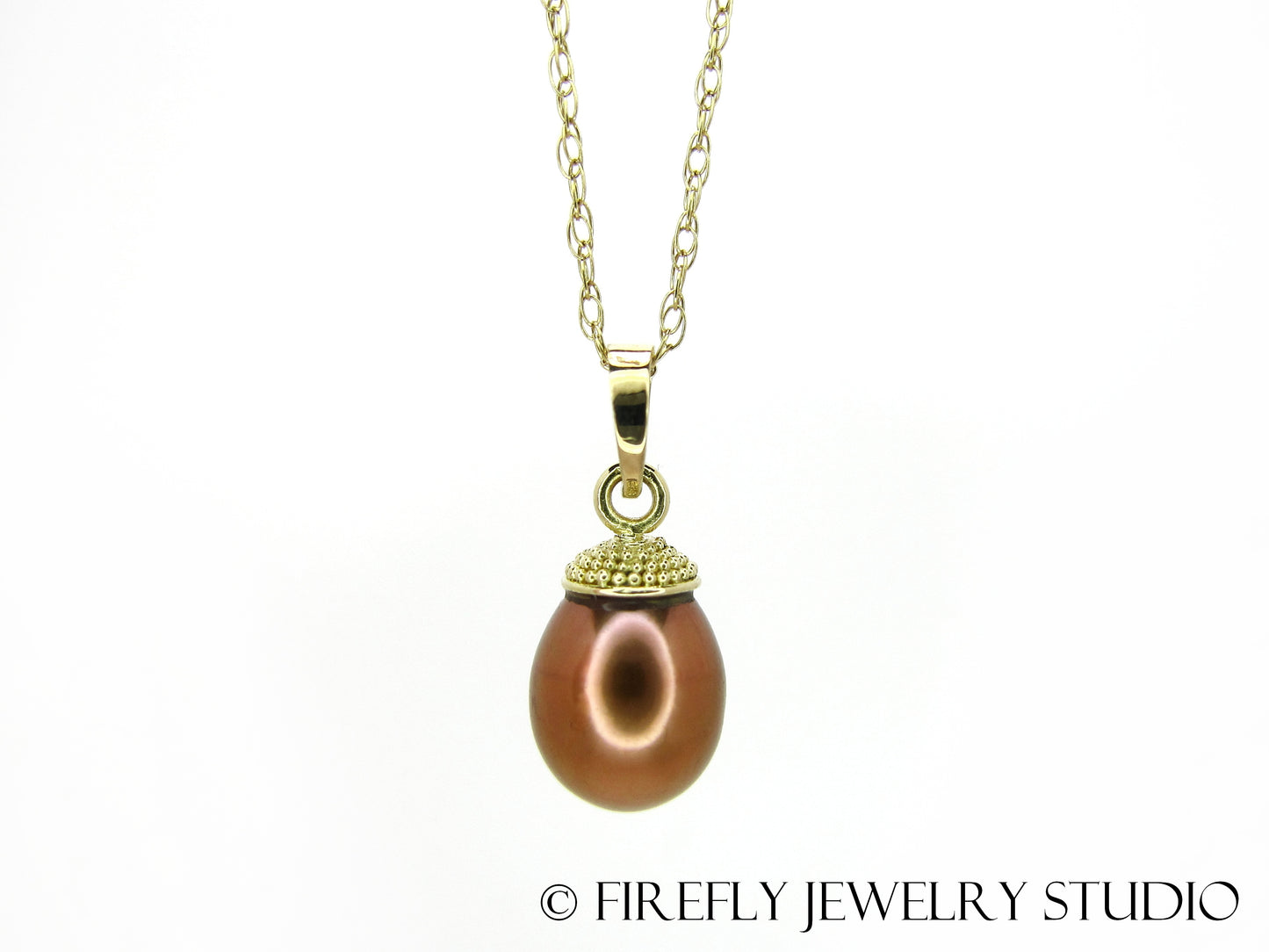 Copper Pearl Acorn Necklace in 18k Yellow Gold - Firefly Jewelry Studio