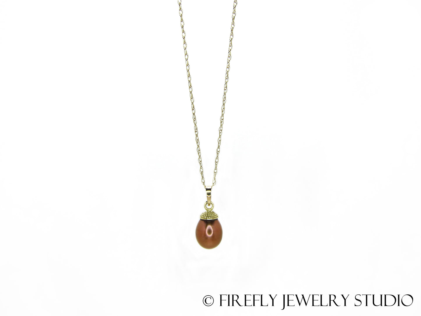 Copper Pearl Acorn Necklace in 18k Yellow Gold - Firefly Jewelry Studio