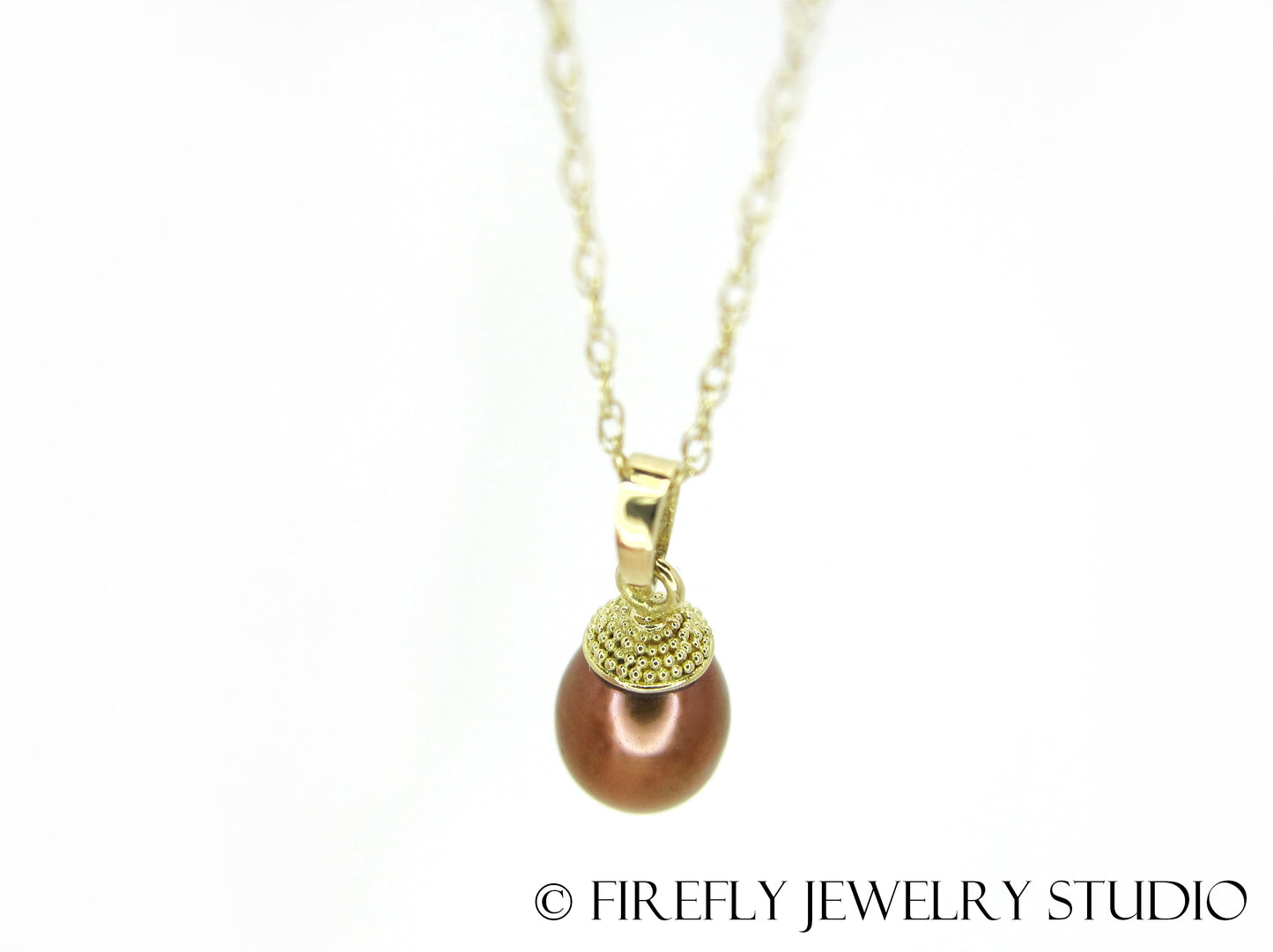 Copper Pearl Acorn Necklace in 18k Yellow Gold - Firefly Jewelry Studio