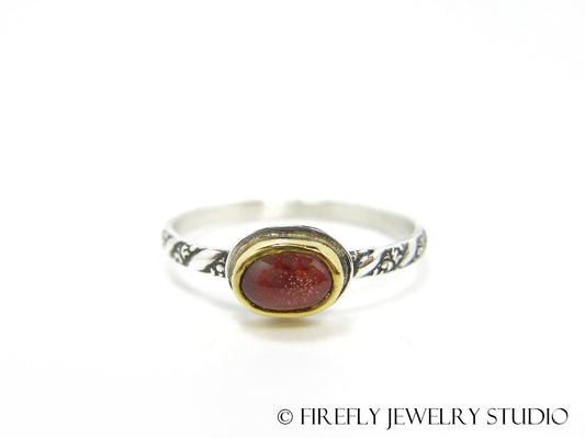 Dainty Sunstone Solitaire Stacking Ring in 24k Gold and Sterling Silver. Size 8.25 - Firefly Jewelry Studio