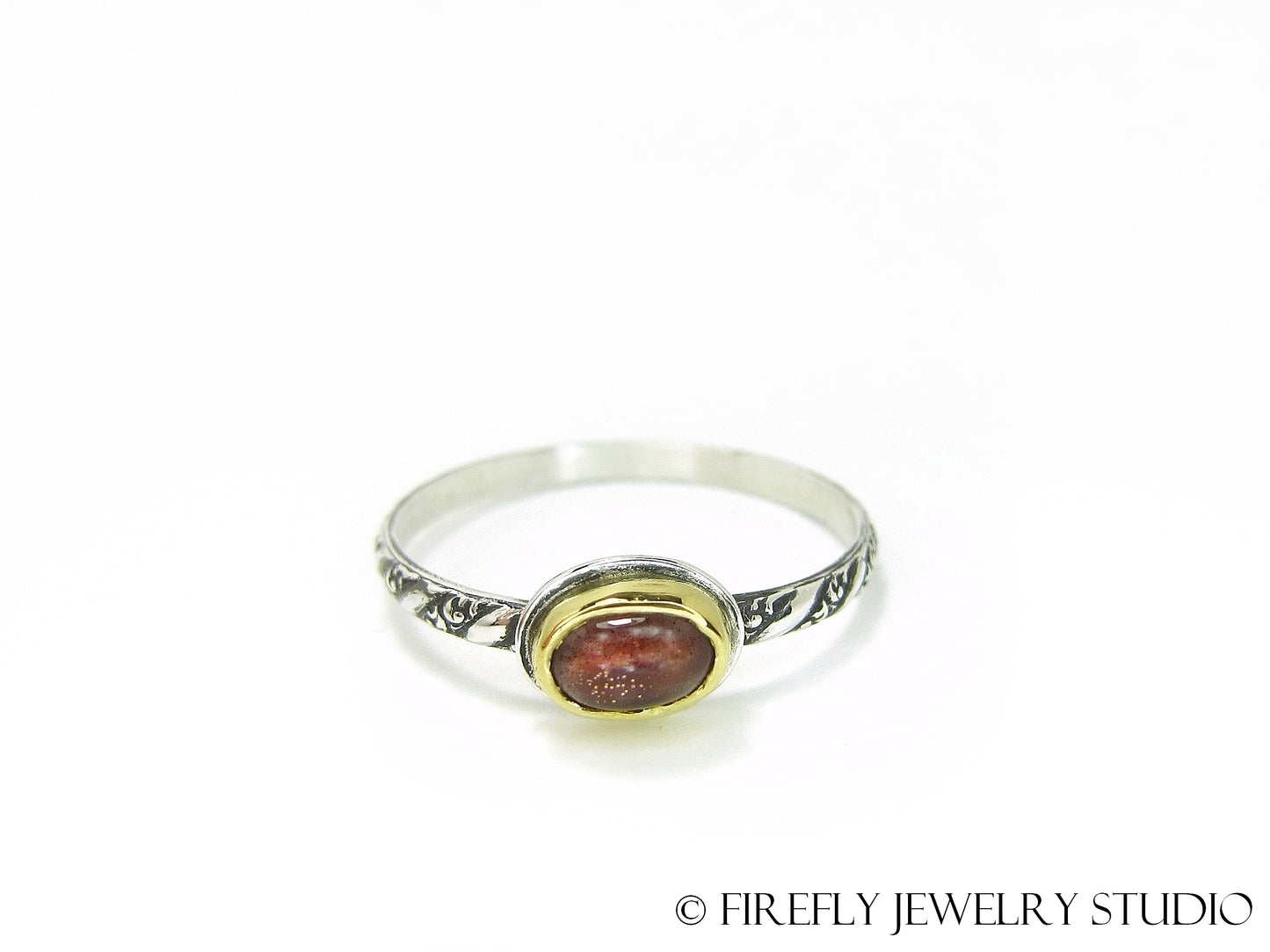 Dainty Sunstone Solitaire Stacking Ring in 24k Gold and Sterling Silver. Size 8.25 - Firefly Jewelry Studio
