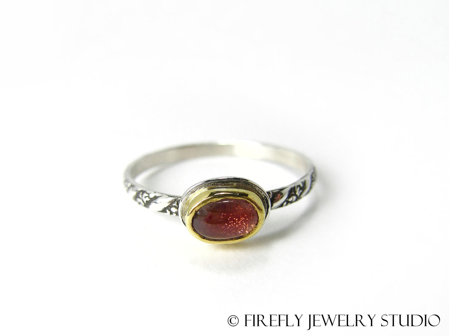 Dainty Sunstone Solitaire Stacking Ring in 24k Gold and Sterling Silver. Size 8.25 - Firefly Jewelry Studio