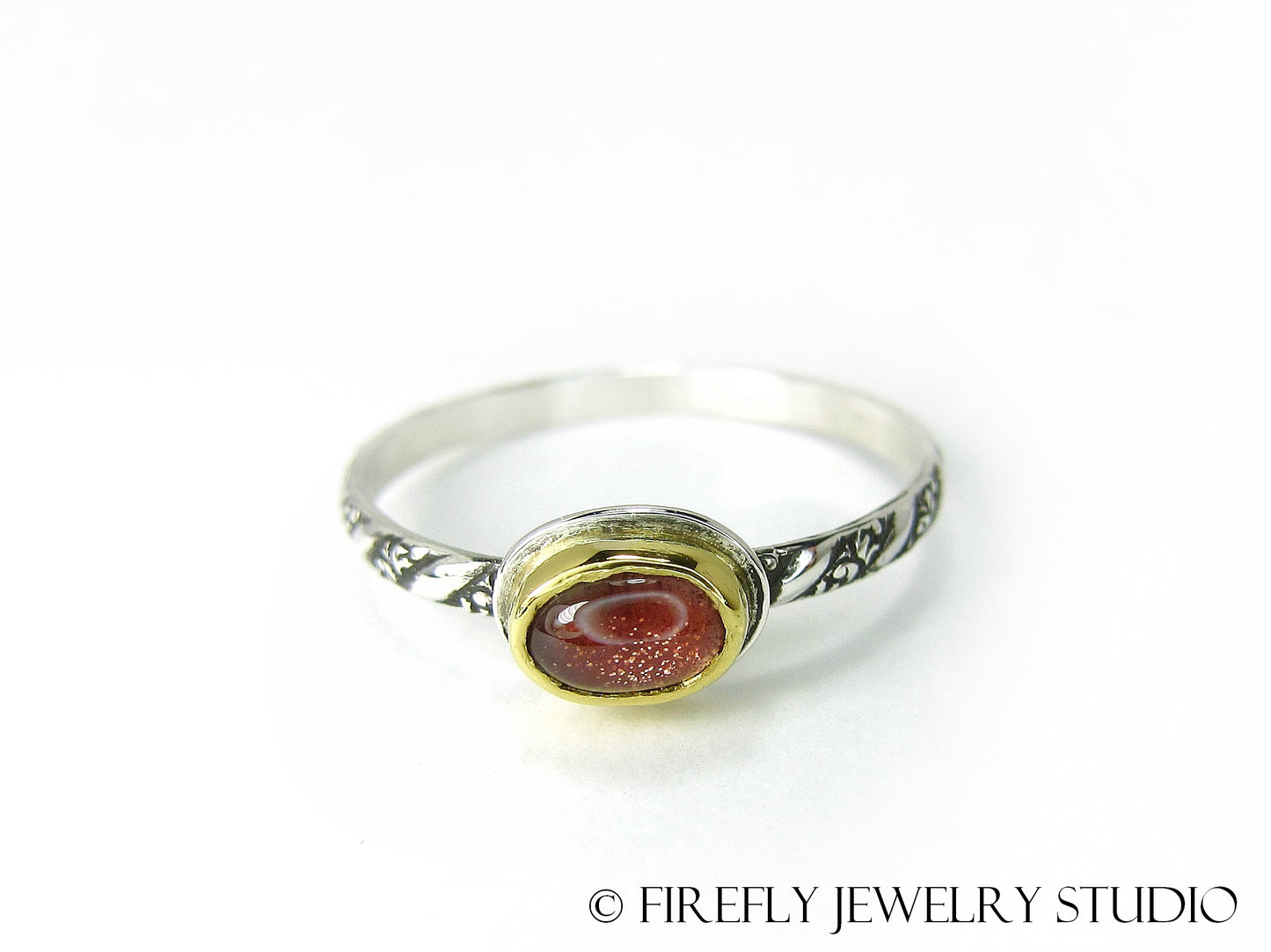 Dainty Sunstone Solitaire Stacking Ring in 24k Gold and Sterling Silver. Size 8.25 - Firefly Jewelry Studio