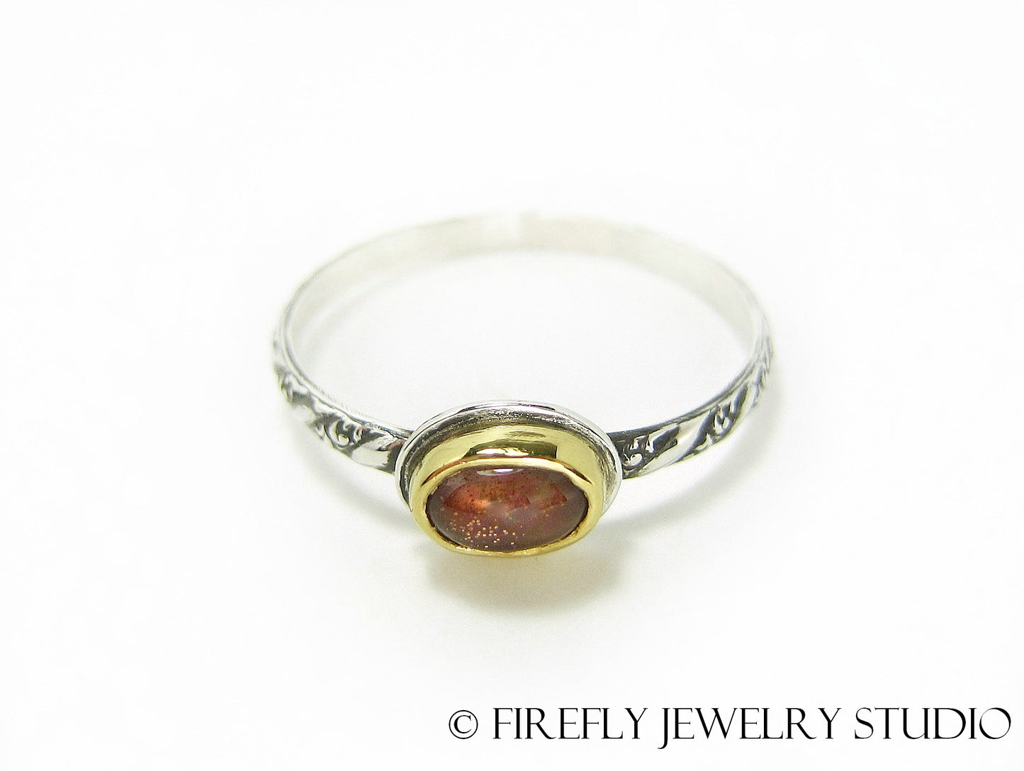 Dainty Sunstone Solitaire Stacking Ring in 24k Gold and Sterling Silver. Size 8.25 - Firefly Jewelry Studio