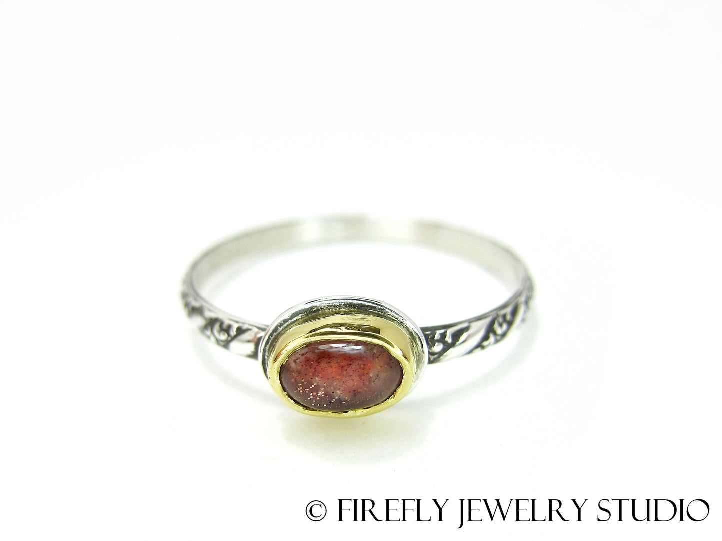 Dainty Sunstone Solitaire Stacking Ring in 24k Gold and Sterling Silver. Size 8.25 - Firefly Jewelry Studio