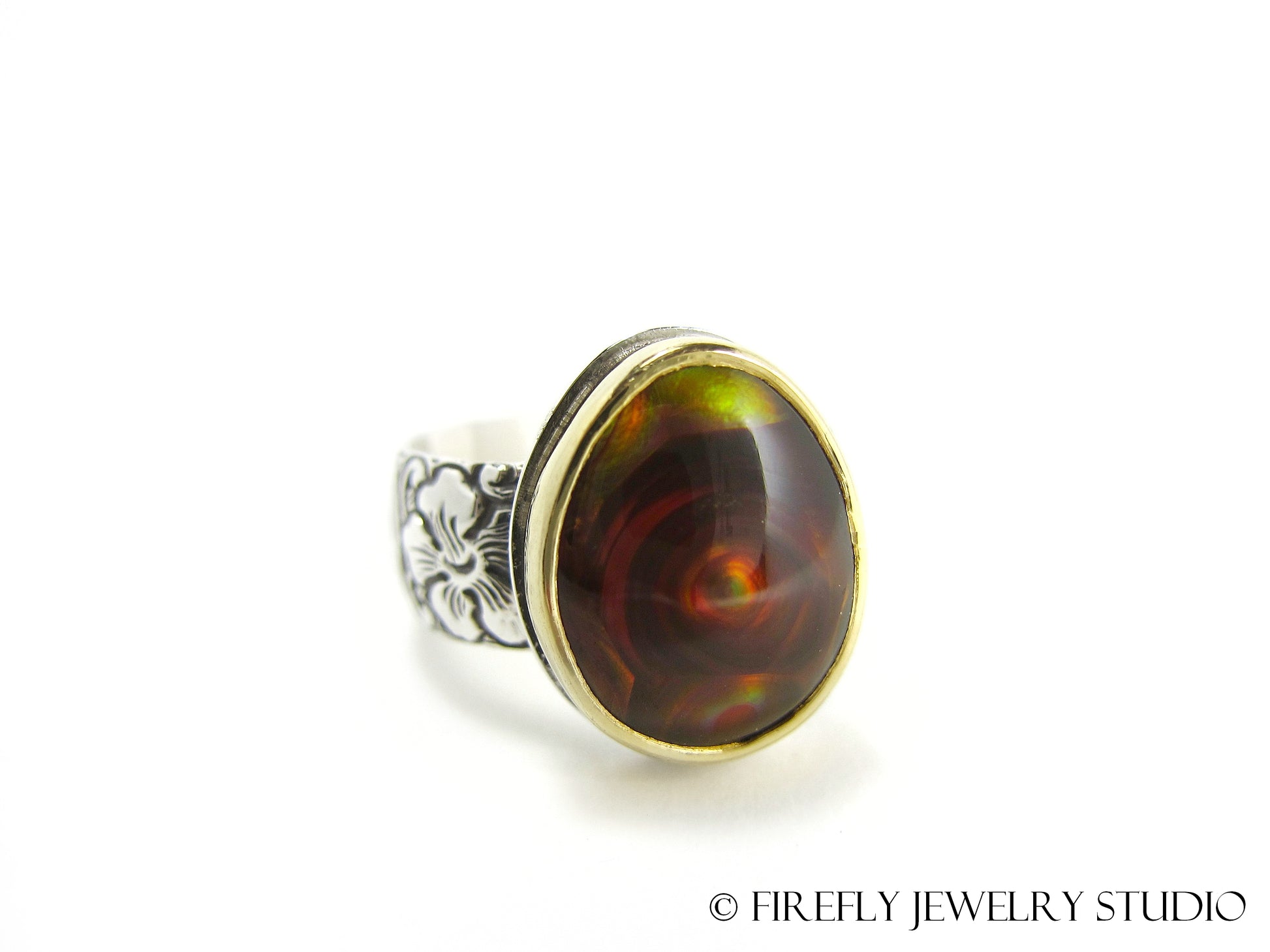 Fire Agate Vortex Ring in 24k Gold and Sterling Silver. Size 6.75 - Firefly Jewelry Studio