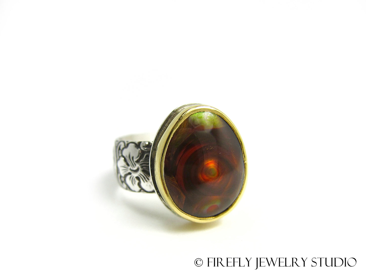 Fire Agate Vortex Ring in 24k Gold and Sterling Silver. Size 6.75 - Firefly Jewelry Studio