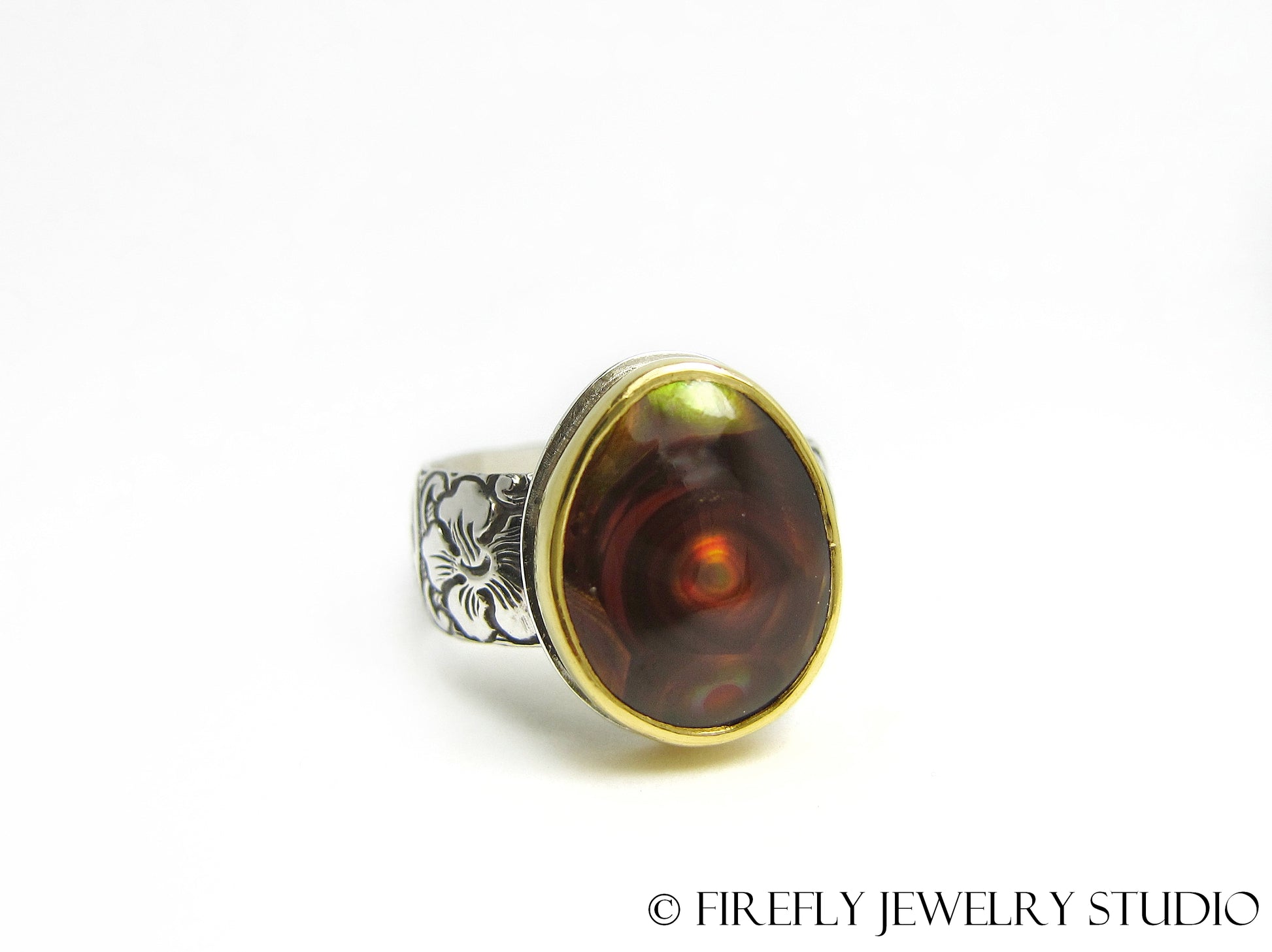 Fire Agate Vortex Ring in 24k Gold and Sterling Silver. Size 6.75 - Firefly Jewelry Studio