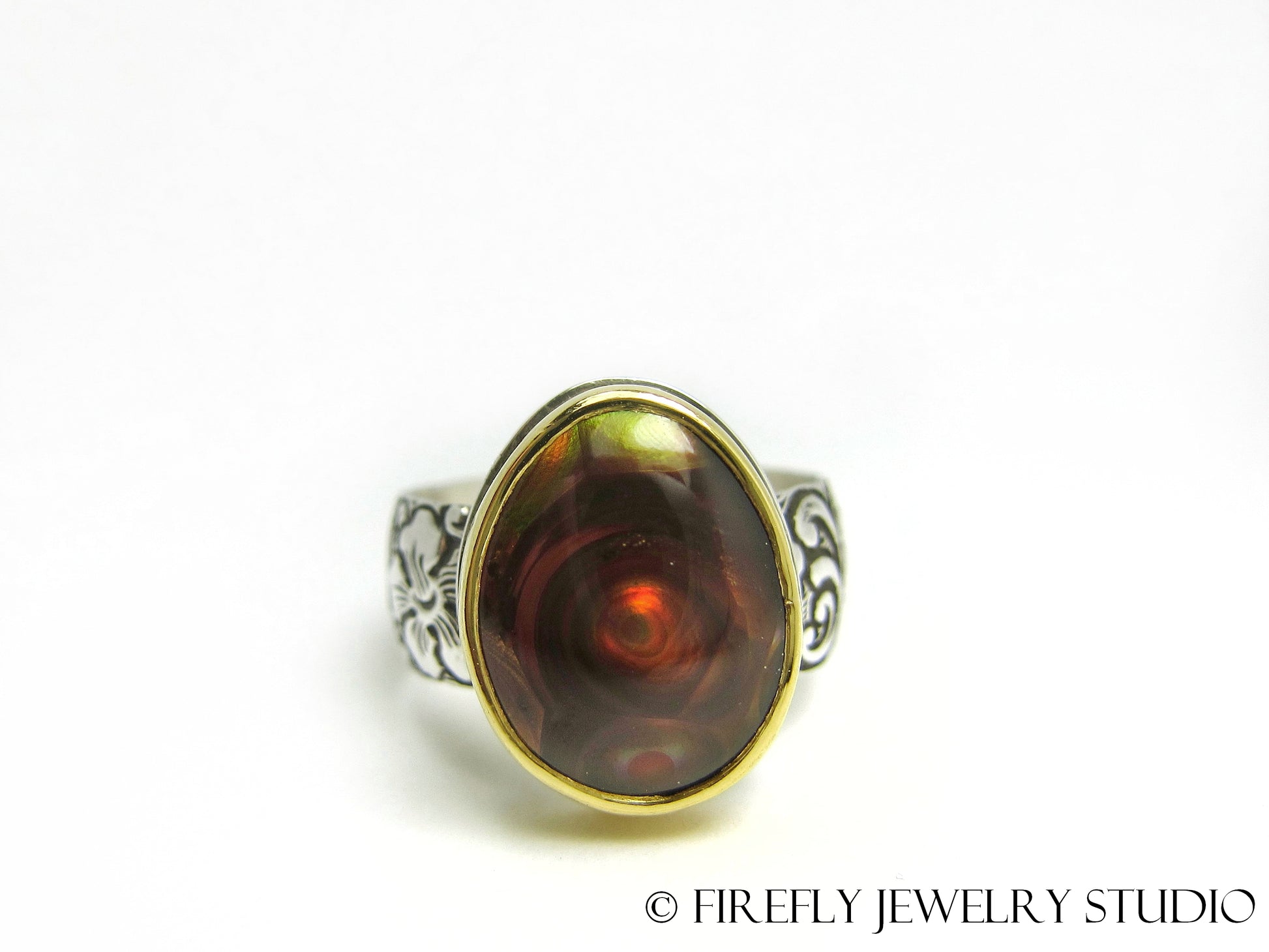 Fire Agate Vortex Ring in 24k Gold and Sterling Silver. Size 6.75 - Firefly Jewelry Studio