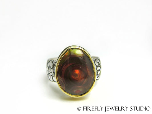 Fire Agate Vortex Ring in 24k Gold and Sterling Silver. Size 6.75 - Firefly Jewelry Studio