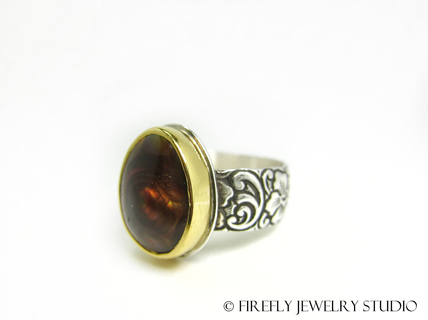 Fire Agate Vortex Ring in 24k Gold and Sterling Silver. Size 6.75 - Firefly Jewelry Studio