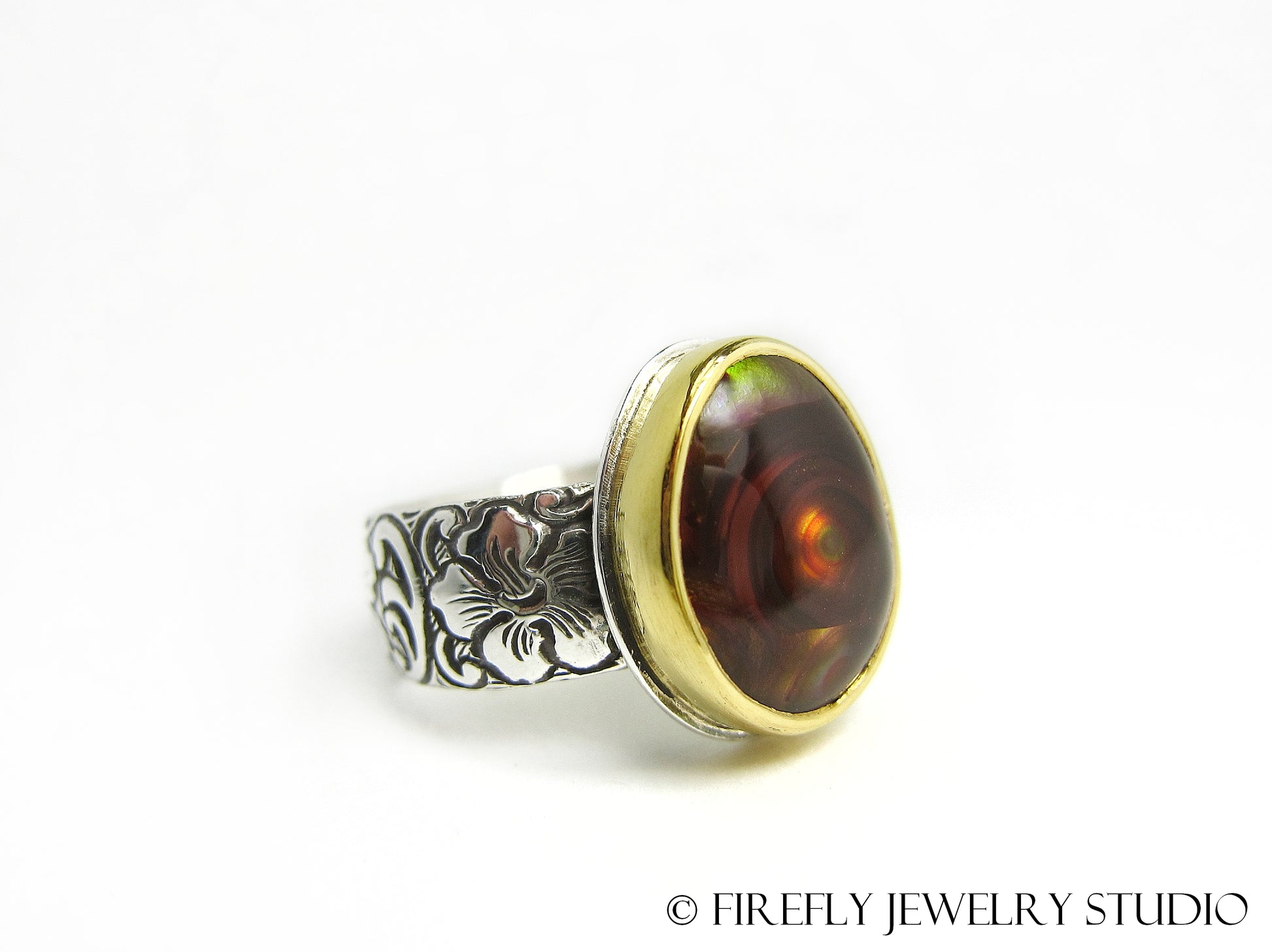 Fire Agate Vortex Ring in 24k Gold and Sterling Silver. Size 6.75 - Firefly Jewelry Studio