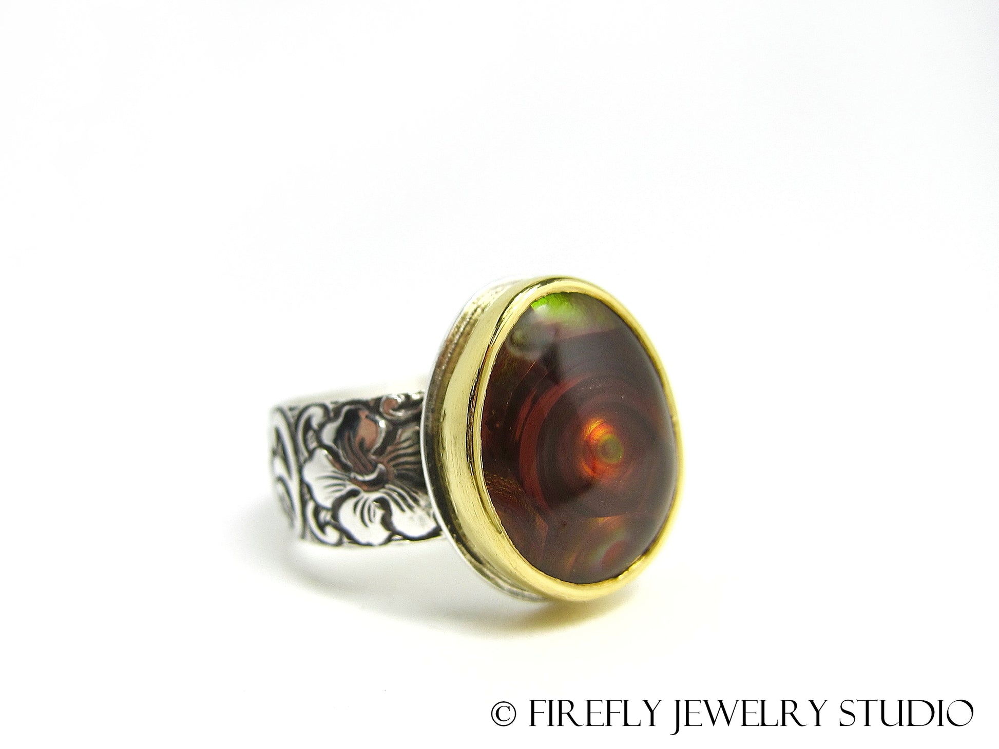Fire Agate Vortex Ring in 24k Gold and Sterling Silver. Size 6.75 - Firefly Jewelry Studio