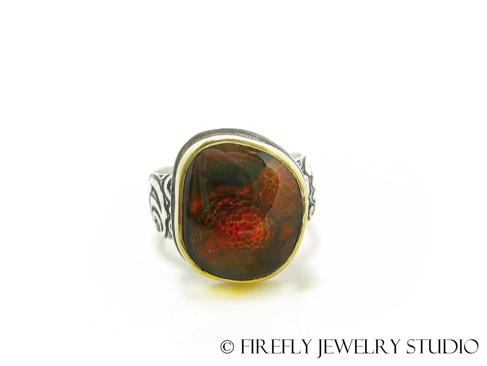 Fire Agate Dragon Skin Ring in 24k Gold and Sterling Silver. Size 6.25 - Firefly Jewelry Studio