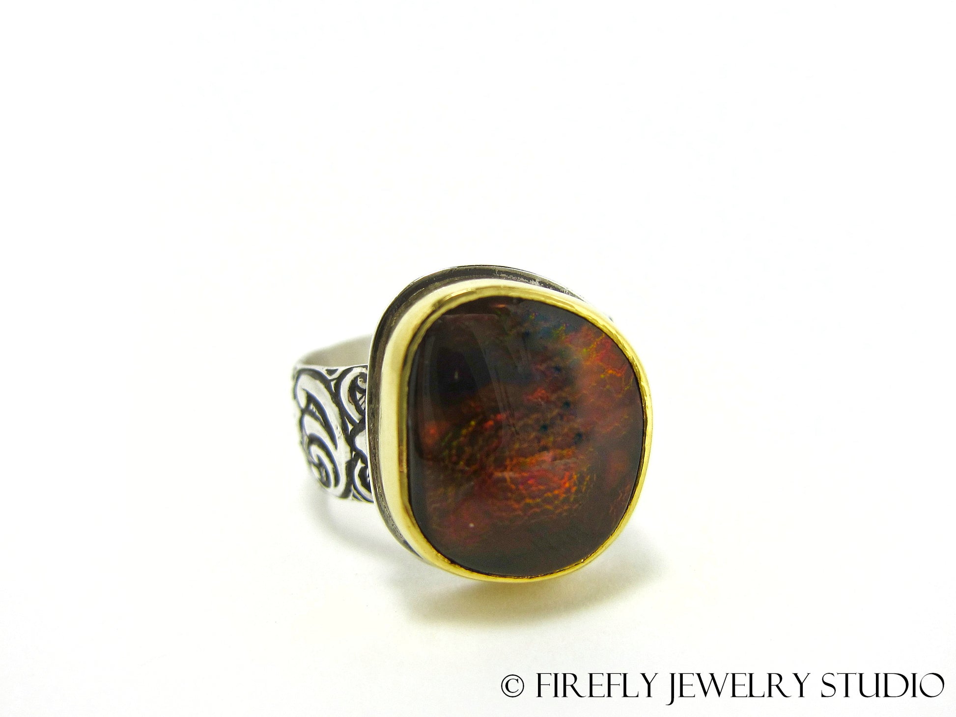 Fire Agate Dragon Skin Ring in 24k Gold and Sterling Silver. Size 6.25 - Firefly Jewelry Studio