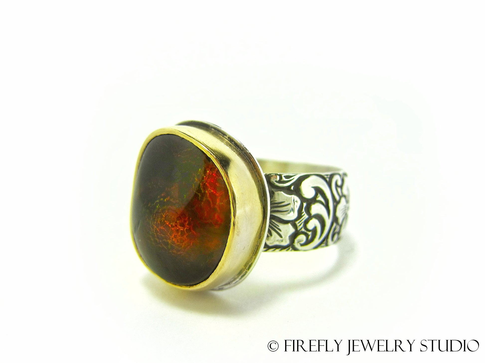 Fire Agate Dragon Skin Ring in 24k Gold and Sterling Silver. Size 6.25 - Firefly Jewelry Studio