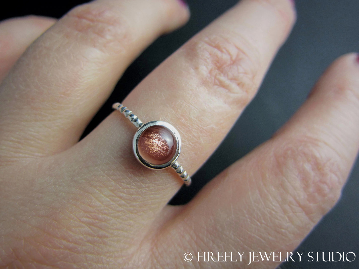 Strawberry Sunstone Solitaire Stacking Ring. Size 8 - Firefly Jewelry Studio