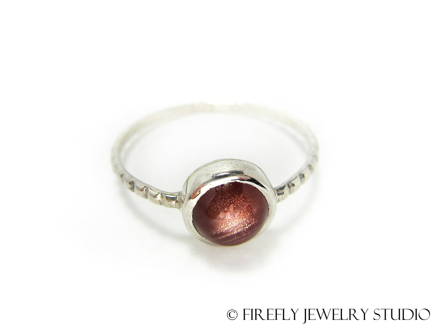 Strawberry Sunstone Solitaire Stacking Ring. Size 8 - Firefly Jewelry Studio