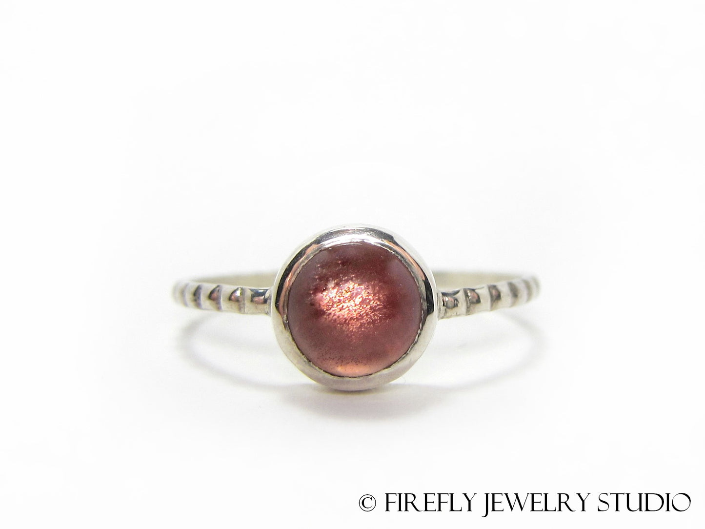 Strawberry Sunstone Solitaire Stacking Ring. Size 8 - Firefly Jewelry Studio