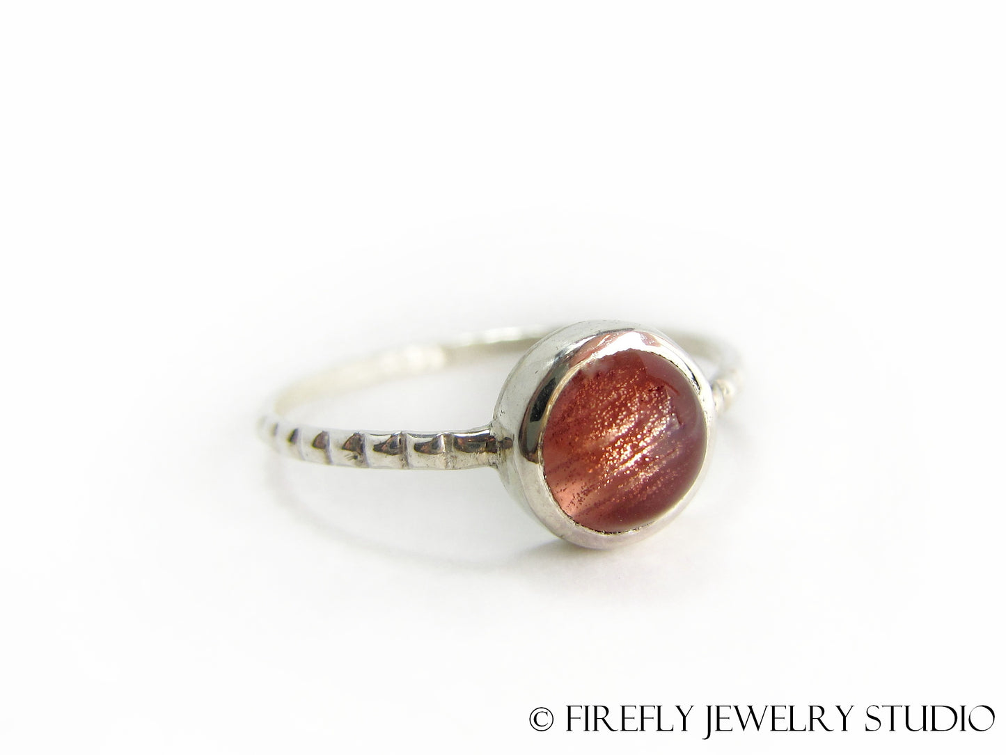Strawberry Sunstone Solitaire Stacking Ring. Size 8 - Firefly Jewelry Studio