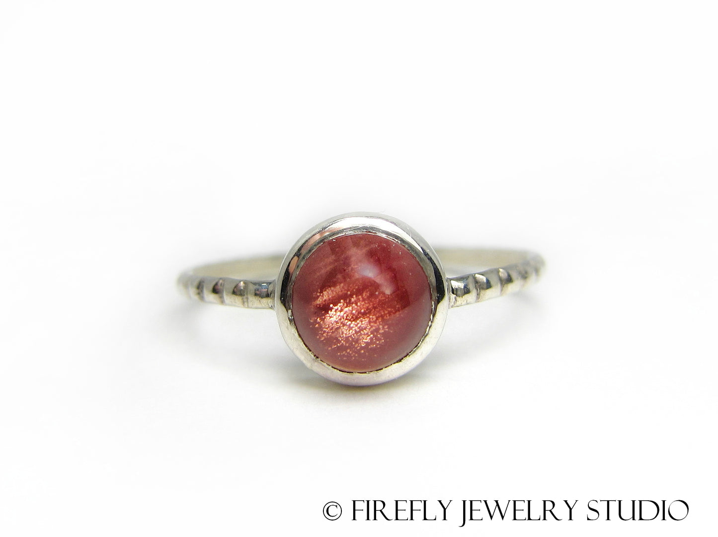 Strawberry Sunstone Solitaire Stacking Ring. Size 8 - Firefly Jewelry Studio