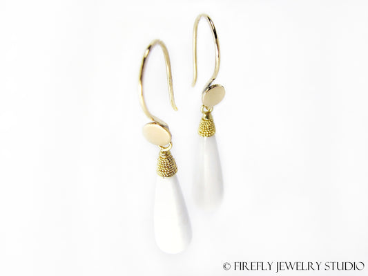 White Agate Full Moon Earrings in 18k Yellow Gold - Firefly Jewelry Studio