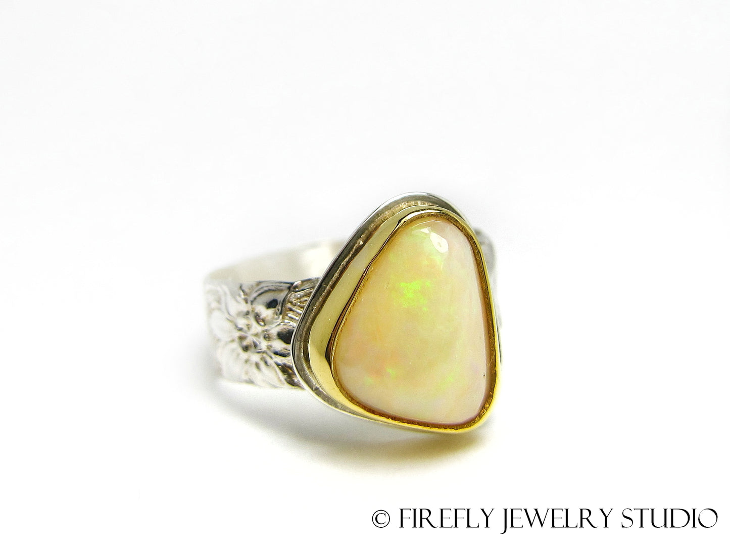 White Australian Opal Ring in 24k Gold and Sterling Silver with Lily Band. Size 7.25 - Firefly Jewelry Studio