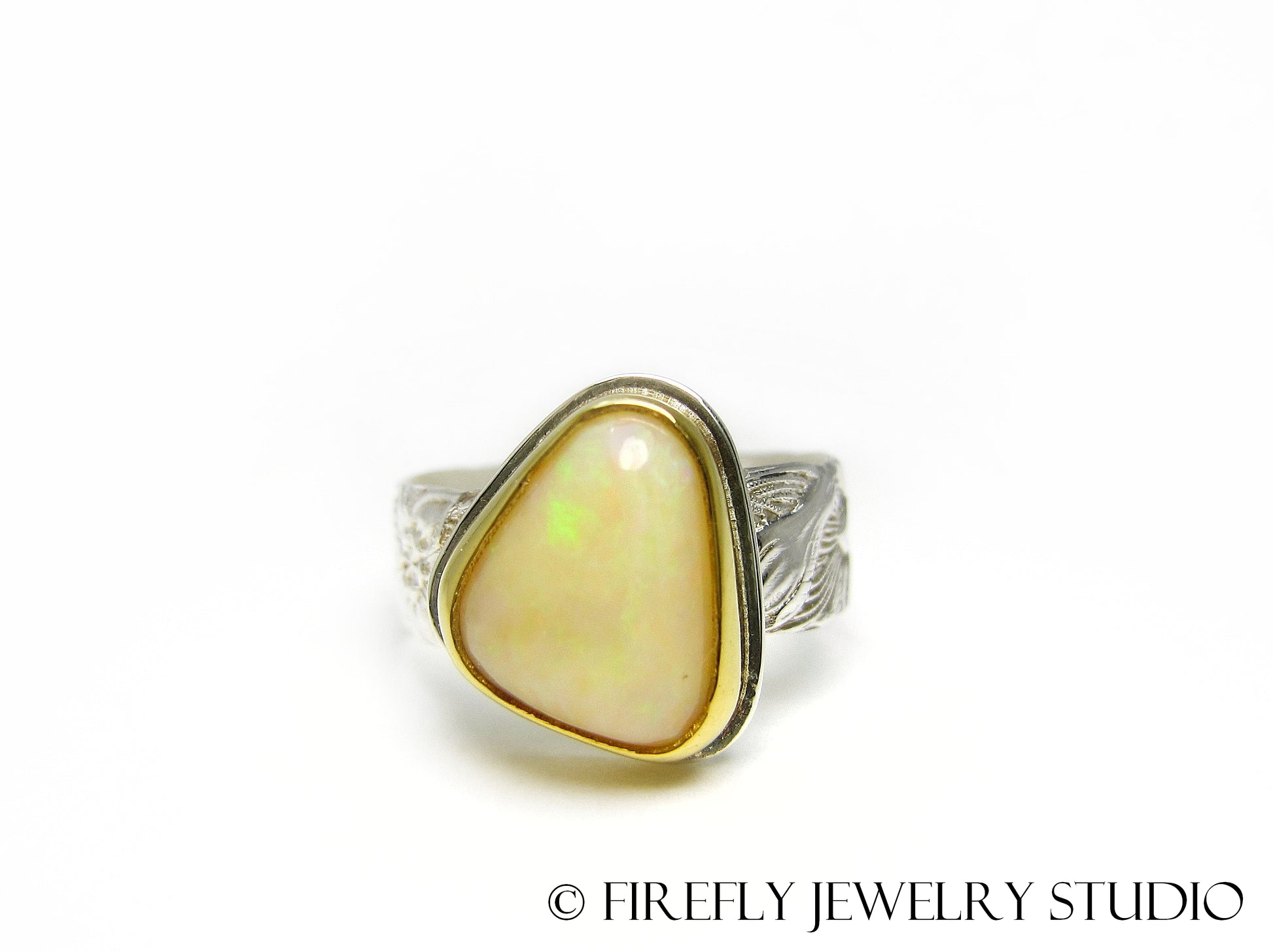 White Australian Opal Ring in 24k Gold and Sterling Silver with Lily Band. Size 7.25 - Firefly Jewelry Studio