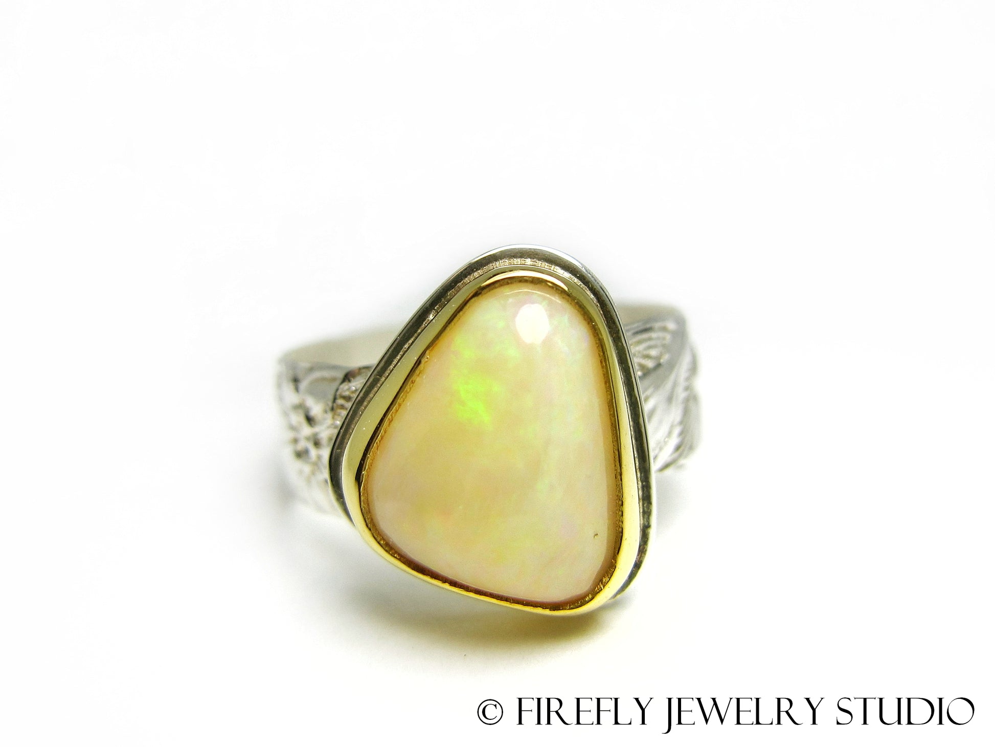 White Australian Opal Ring in 24k Gold and Sterling Silver with Lily Band. Size 7.25 - Firefly Jewelry Studio