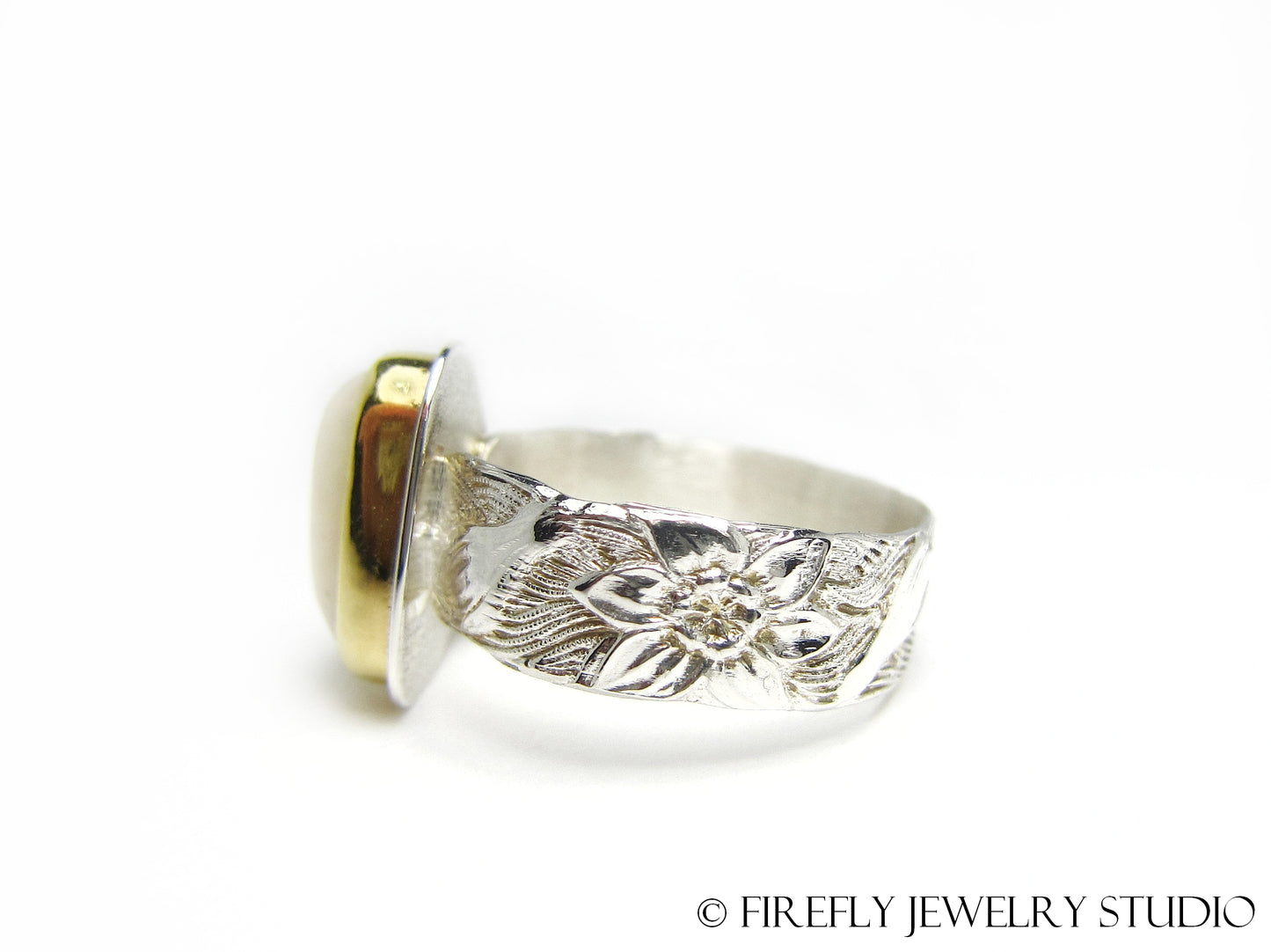 White Australian Opal Ring in 24k Gold and Sterling Silver with Lily Band. Size 7.25 - Firefly Jewelry Studio