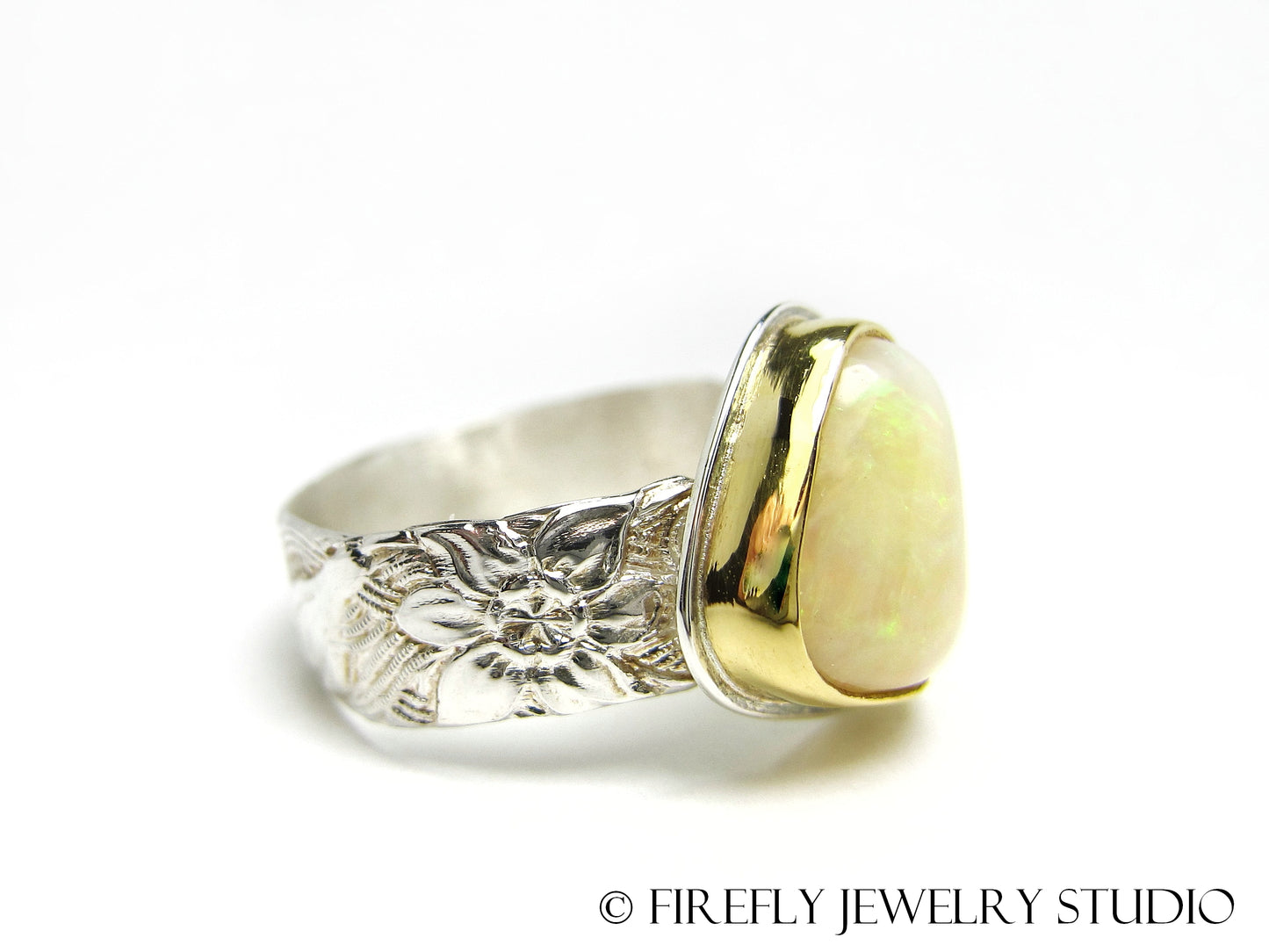 White Australian Opal Ring in 24k Gold and Sterling Silver with Lily Band. Size 7.25 - Firefly Jewelry Studio