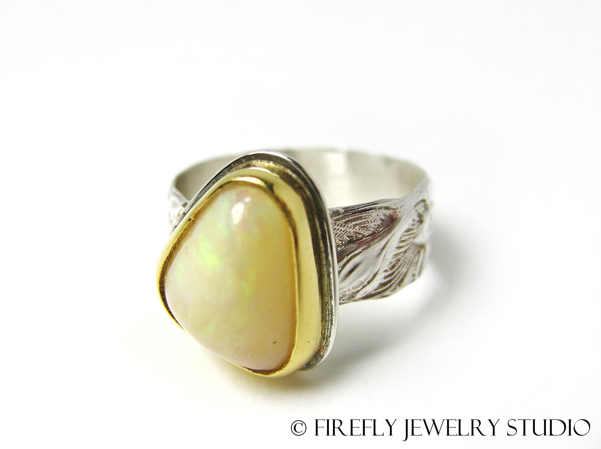 White Australian Opal Ring in 24k Gold and Sterling Silver with Lily Band. Size 7.25 - Firefly Jewelry Studio