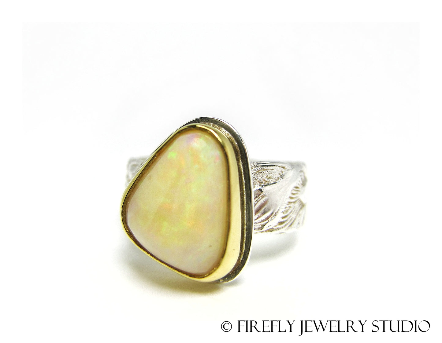 White Australian Opal Ring in 24k Gold and Sterling Silver with Lily Band. Size 7.25 - Firefly Jewelry Studio