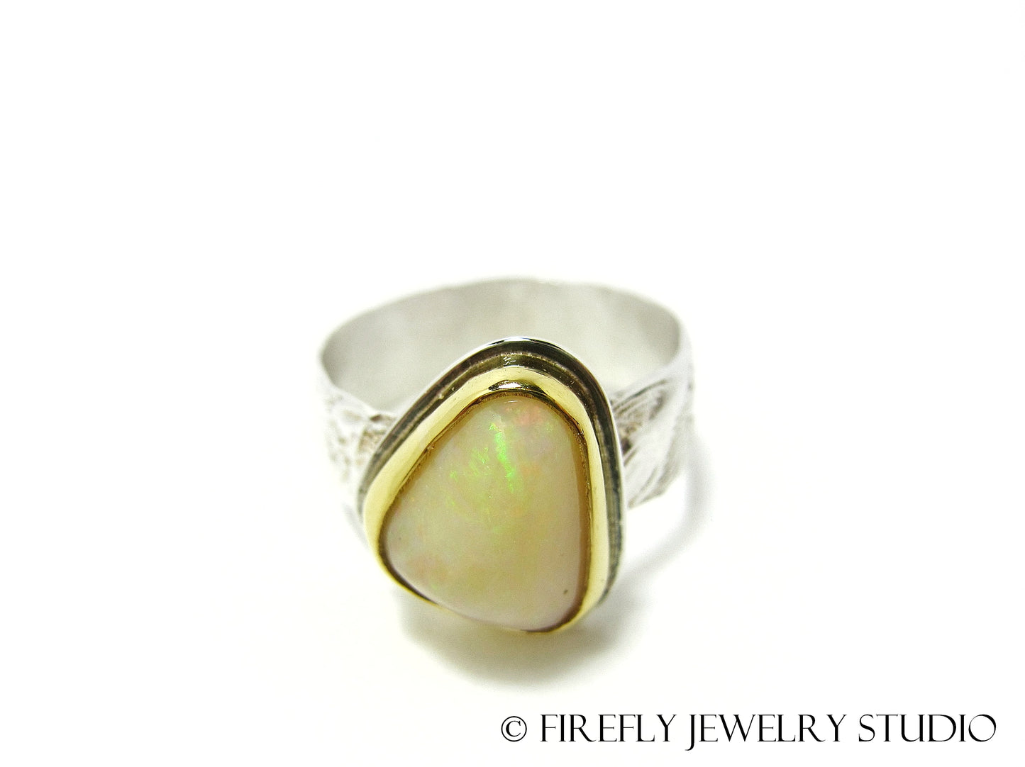 White Australian Opal Ring in 24k Gold and Sterling Silver with Lily Band. Size 7.25 - Firefly Jewelry Studio