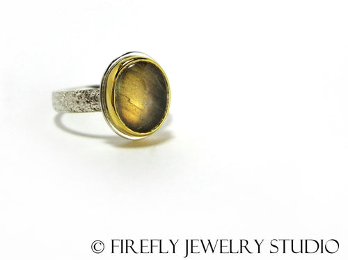Labradorite Moon Glow Ring in 24k Gold and Sterling. Size 7.75 - Firefly Jewelry Studio