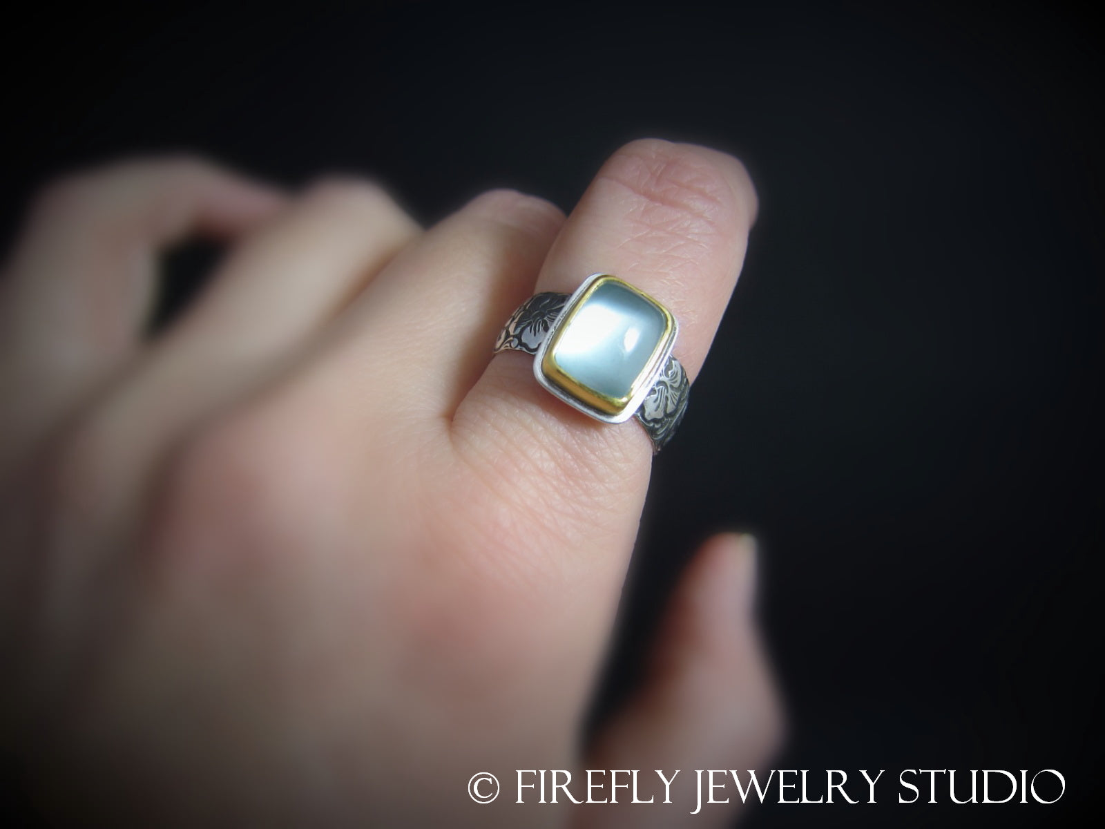 Aquamarine Ring in 24k Yellow Gold and Sterling. Size 8 - Firefly Jewelry Studio