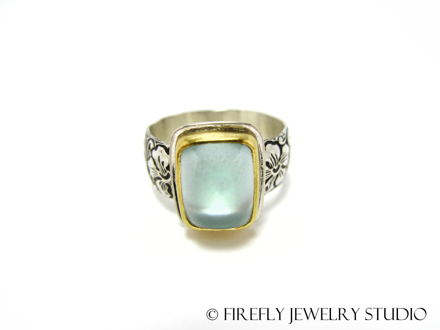 Aquamarine Ring in 24k Yellow Gold and Sterling. Size 8 - Firefly Jewelry Studio