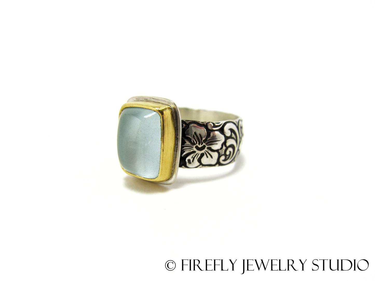 Aquamarine Ring in 24k Yellow Gold and Sterling. Size 8 - Firefly Jewelry Studio