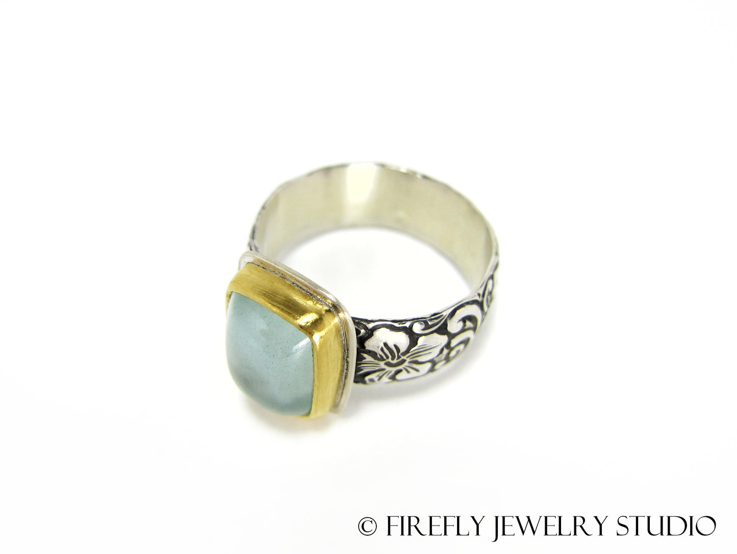 Aquamarine Ring in 24k Yellow Gold and Sterling. Size 8 - Firefly Jewelry Studio