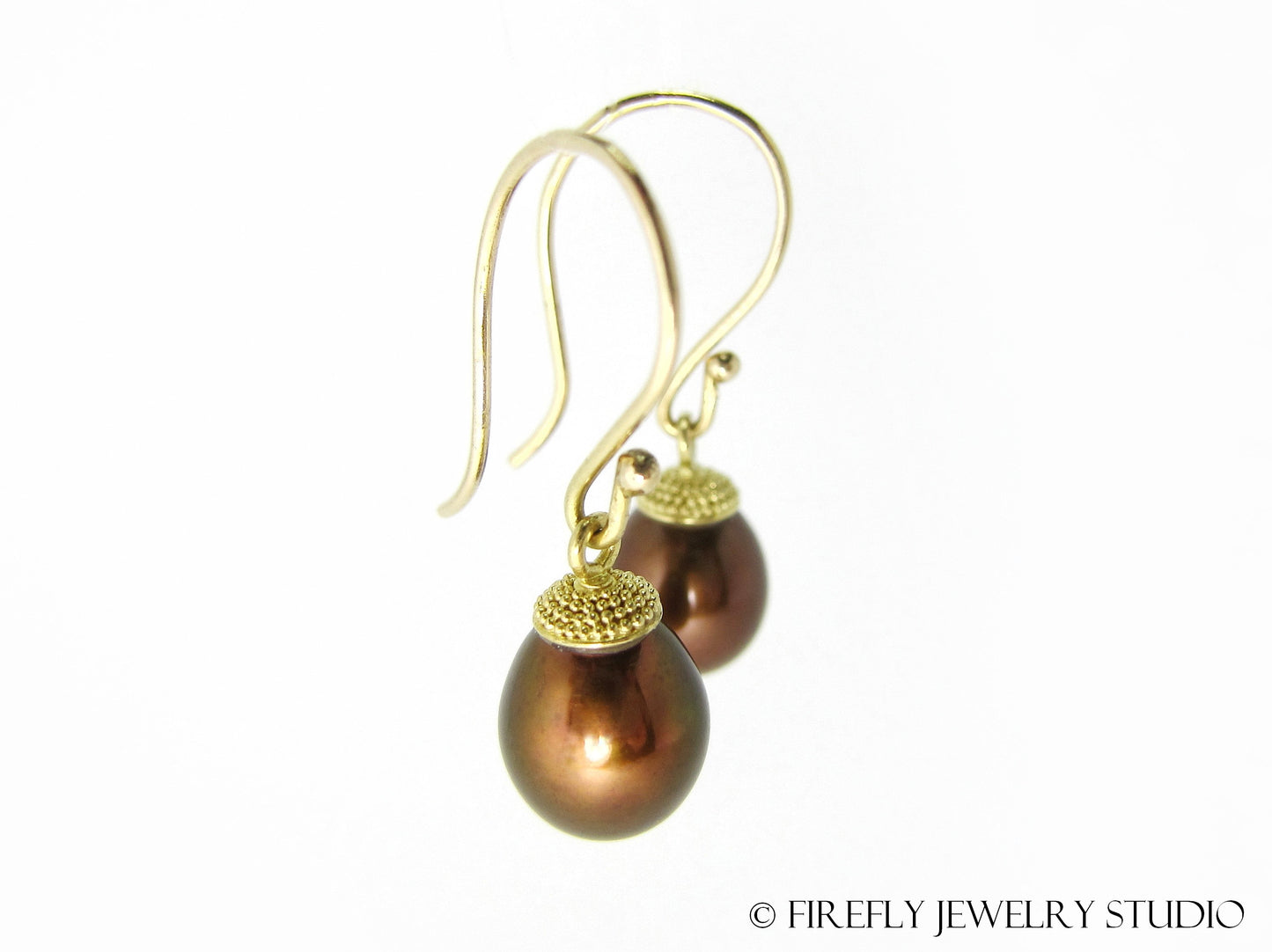 Chocolate Pearl Acorn Earrings in Granulated 18k Yellow Gold - Firefly Jewelry Studio