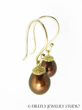 Load image into Gallery viewer, Chocolate Pearl Acorn Earrings in Granulated 18k Yellow Gold - Firefly Jewelry Studio
