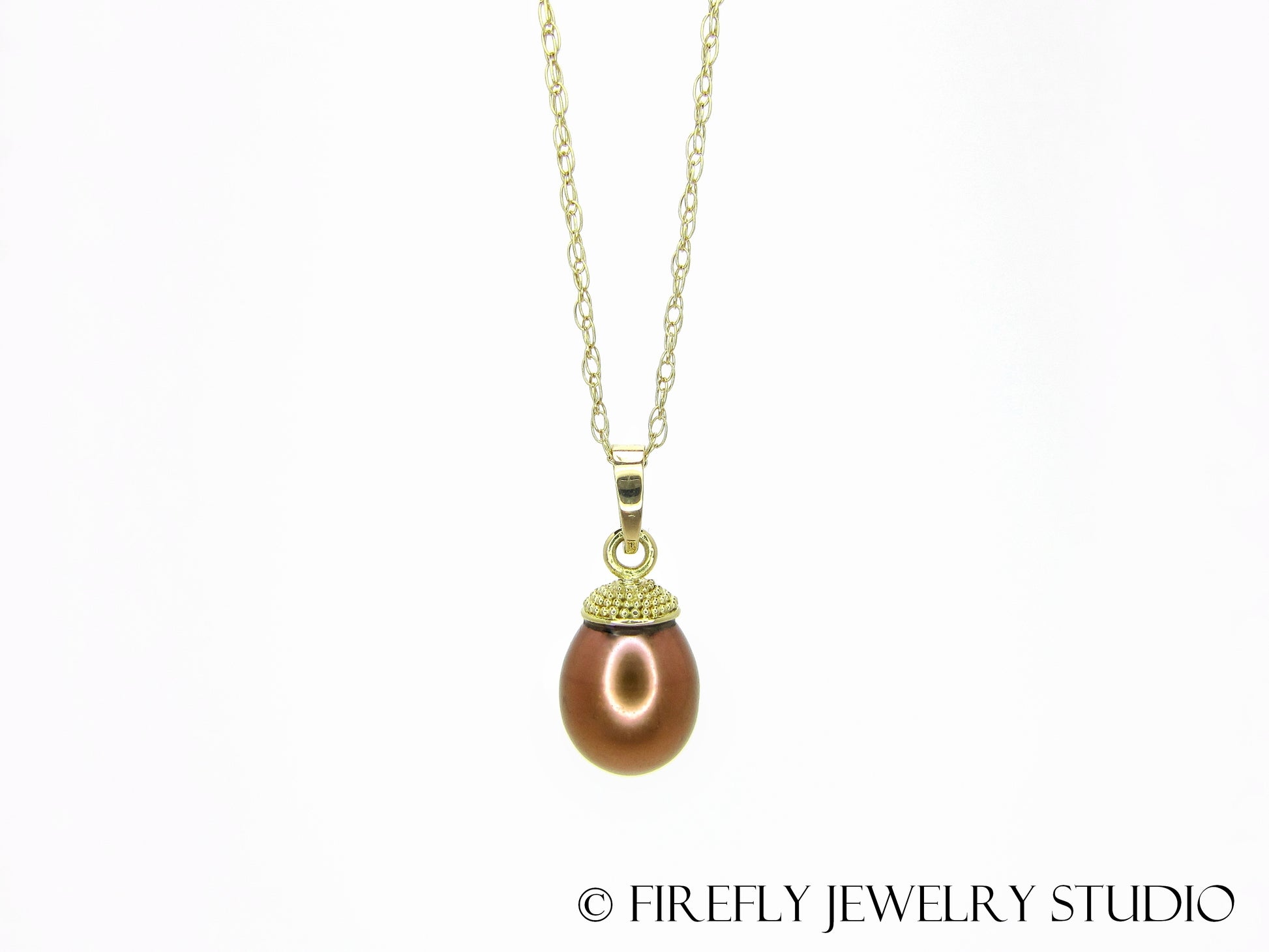 Copper Pearl Acorn Necklace in 18k Yellow Gold - Firefly Jewelry Studio