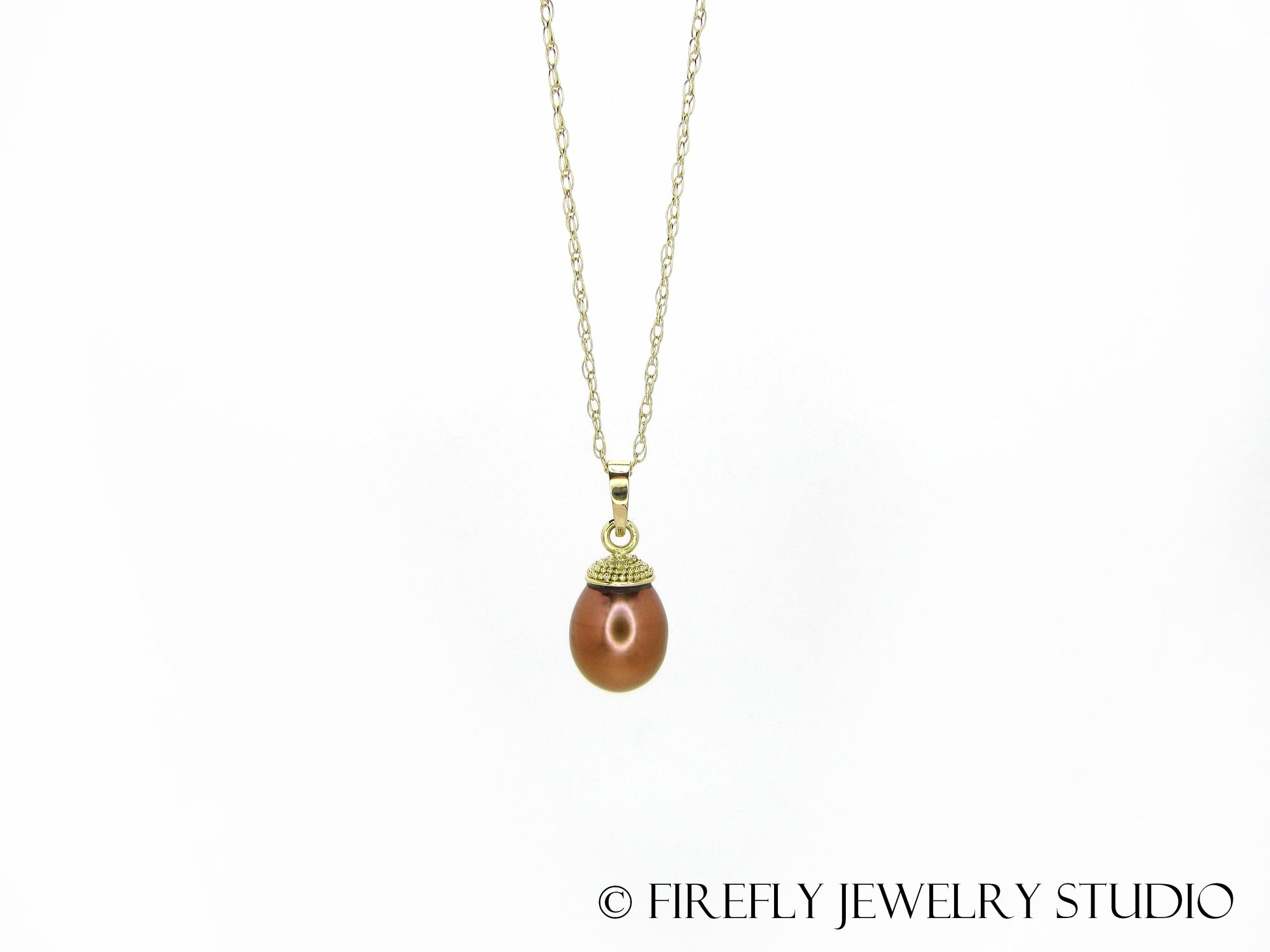 Copper Pearl Acorn Necklace in 18k Yellow Gold - Firefly Jewelry Studio