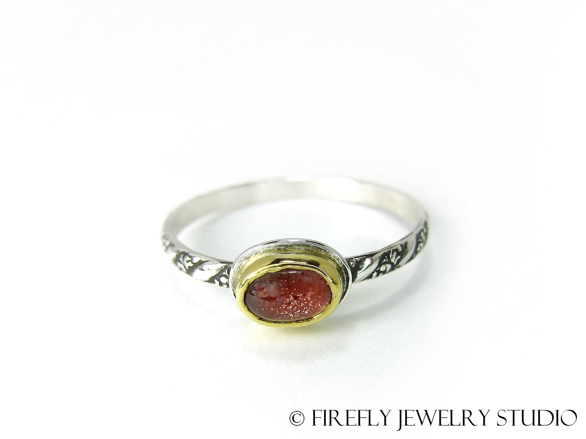 Dainty Sunstone Solitaire Stacking Ring in 24k Gold and Sterling Silver. Size 8.25 - Firefly Jewelry Studio